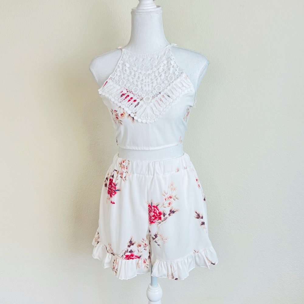 White Floral Crochet Tie Crop Top & Ruffle Shorts Set